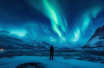 Person standing in blue twilight looking and Northern Lights
