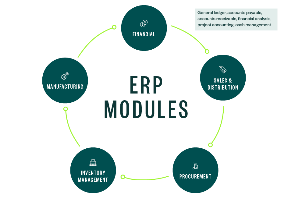 ERP Modules flow chart from financial to sales and distribution to procurement to inventory management to manufacturing