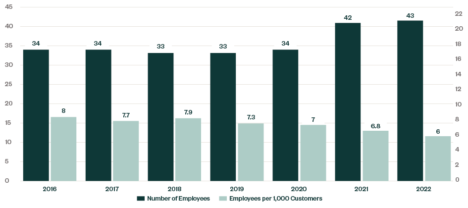 Bar graph of number of employees and employees per 1,000 customers for 2016 to 2022