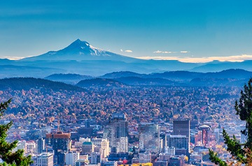 City vista with mountains in background