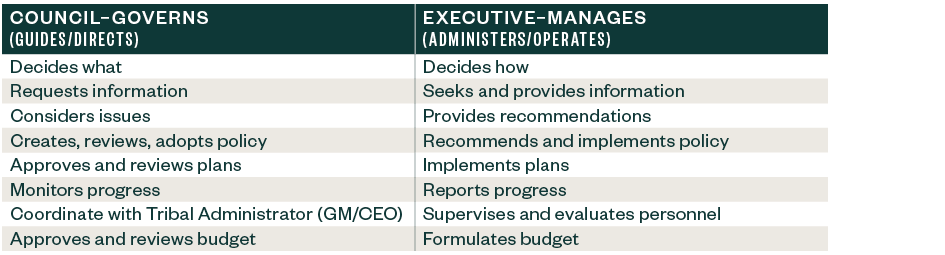 Chart outlining duties for Tribal councils and Tribal executives