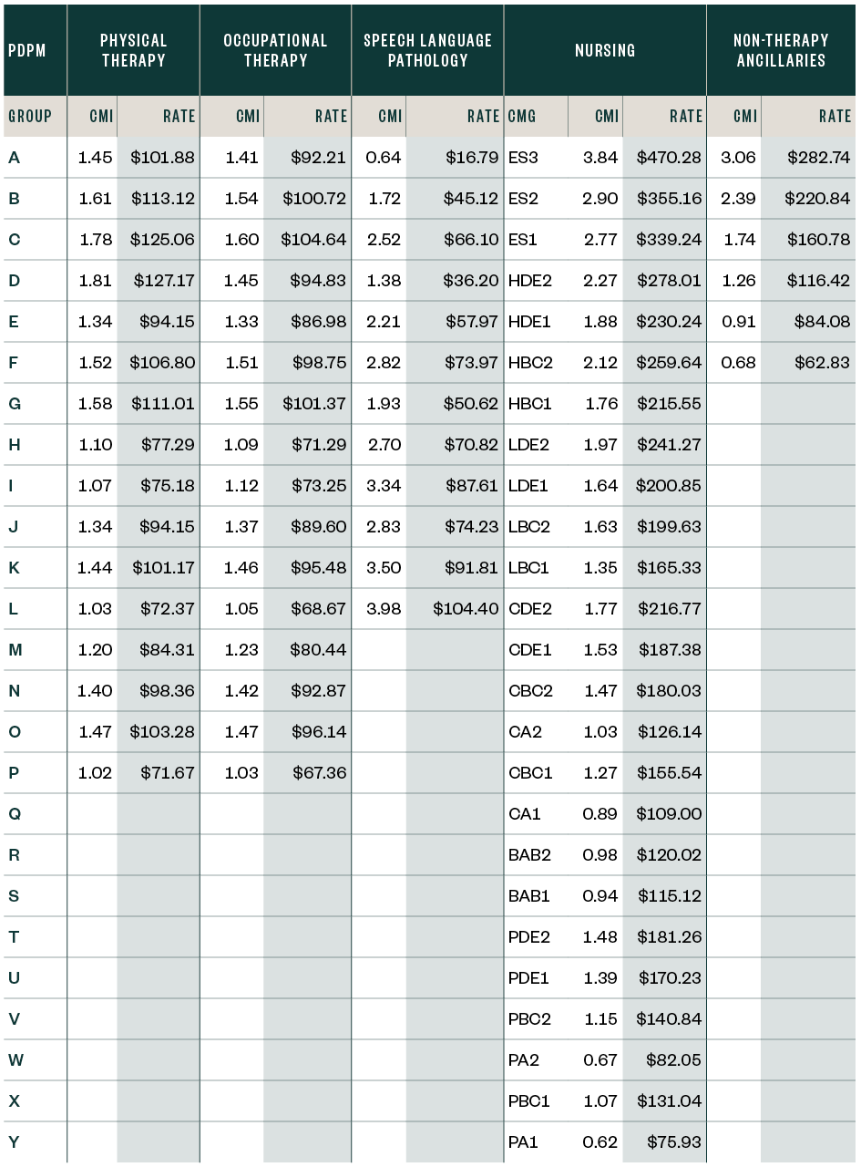 Payments for physical therapy, occupational therapy, speech language pathology, nursing, and non-therapy ancillaries, divided by groups A through Y.