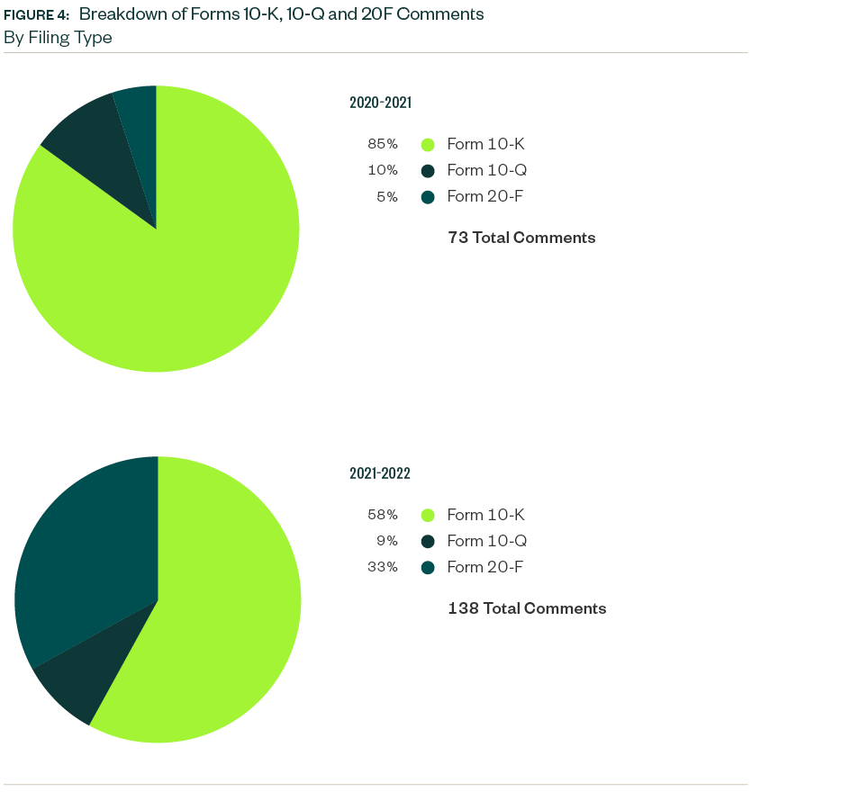 Pie charts with breakdown of 10-K, 10-Q and 20-F forms comments