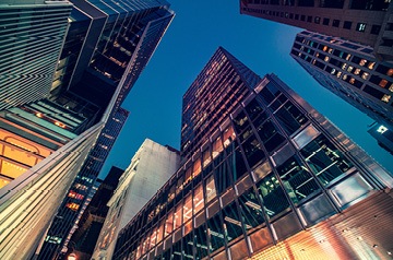 Skyscrapers at twilight viewed from street level